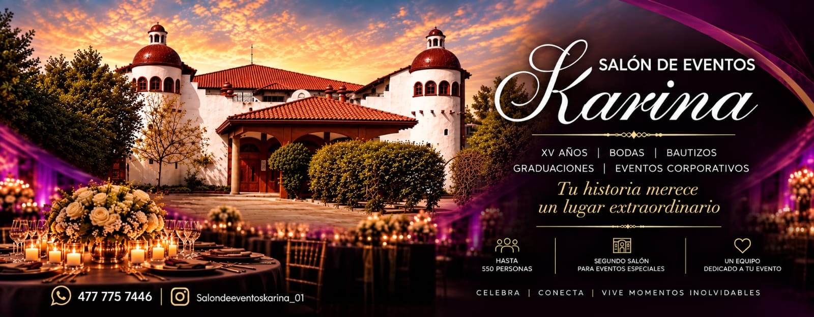 Salón de Eventos Karina — XV años, bodas, bautizos, graduaciones y eventos corporativos. Hasta 550 personas.